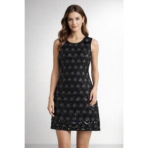 Baciano Black Sequin Art Deco Inspired Shift Dress Large Runs Small Cocktail NWT